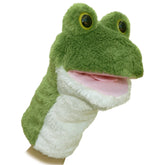 Hand puppet of a green frog with big eyes and plush body for creative storytelling.